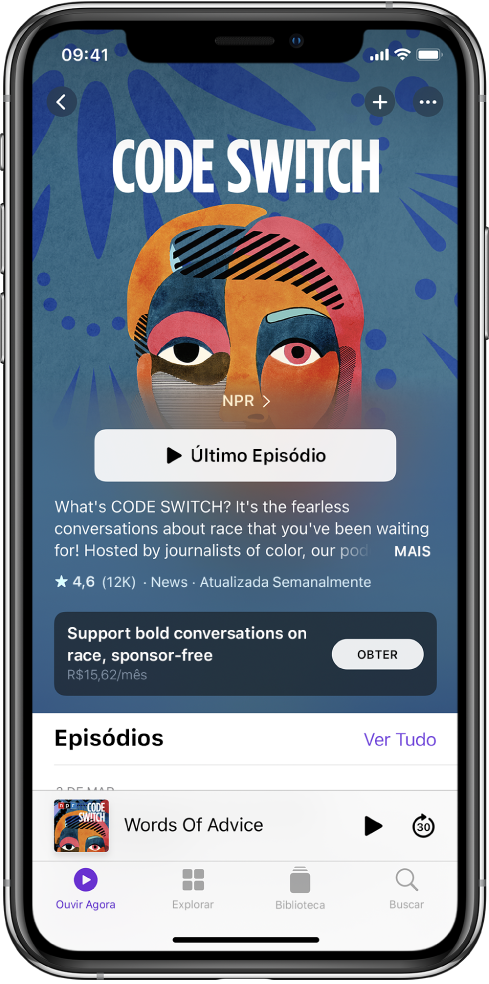 A tela Ouvir Agora mostrando um podcast com uma opção de assinatura disponível.