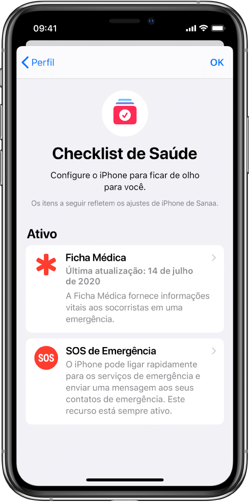 Tela Checklist de Saúde mostrando que Ficha Médica e SOS de Emergência estão ativados.