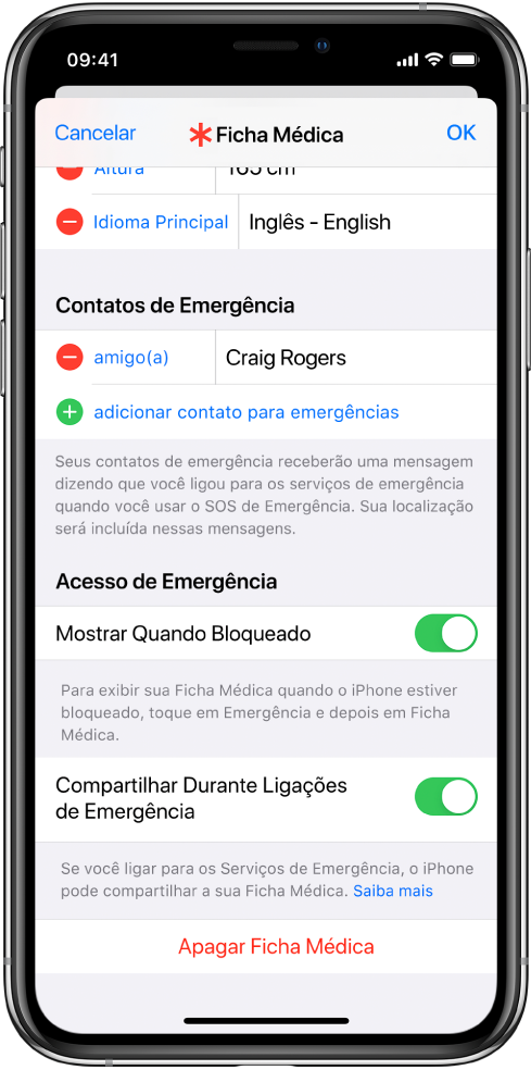 Tela da Ficha Médica. Na parte inferior, opções para mostrar as informações da Ficha Médica quando a tela do iPhone estiver bloqueada e quando você fizer uma ligação de emergência.