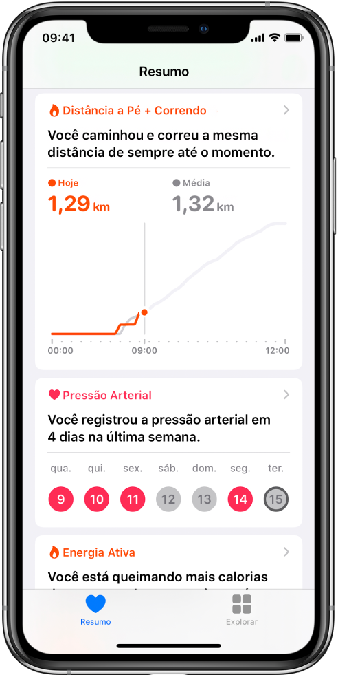 Tela Resumo mostrando destaques que incluem as distâncias caminhadas e corridas no dia e o número de dias na semana passada nos quais a pressão arterial foi registrada.
