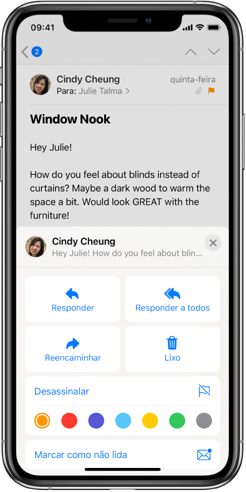 Uma mensagem de e‑mail com opções de resposta por baixo. Por baixo destas opções, estão as diferente cores de bandeira para assinalar.