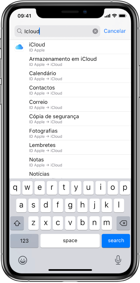 O ecrã de pesquisa de definições com o campo de pesquisa na parte superior. O termo de pesquisa “iCloud” está no campo de pesquisa e, na lista por baixo, estão as definições encontradas.