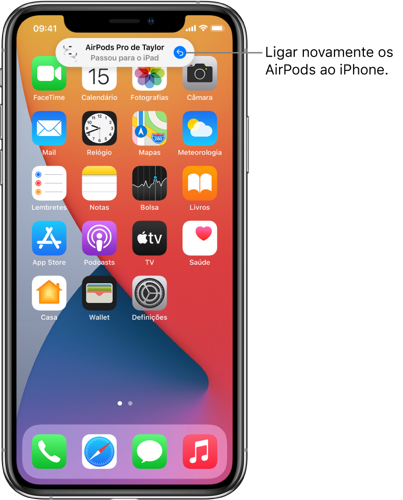 O ecrã bloqueado com uma mensagem na parte superior a indicar “AirPods Pro de Vanessa passaram para o iPad” e um botão para voltar a ligar os AirPods ao iPhone.