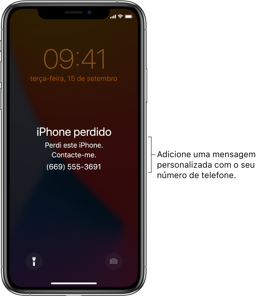 Um ecrã bloqueado do iPhone com a mensagem: “iPhone perdido. Perdi este iPhone. Contacte‑me. 911 234 567.” Pode adicionar uma mensagem personalizada com o seu número de telefone.