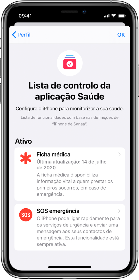 O ecrã “Lista de controlo da aplicação Saúde” a mostrar a ficha médica e “SOS emergência” ativado.