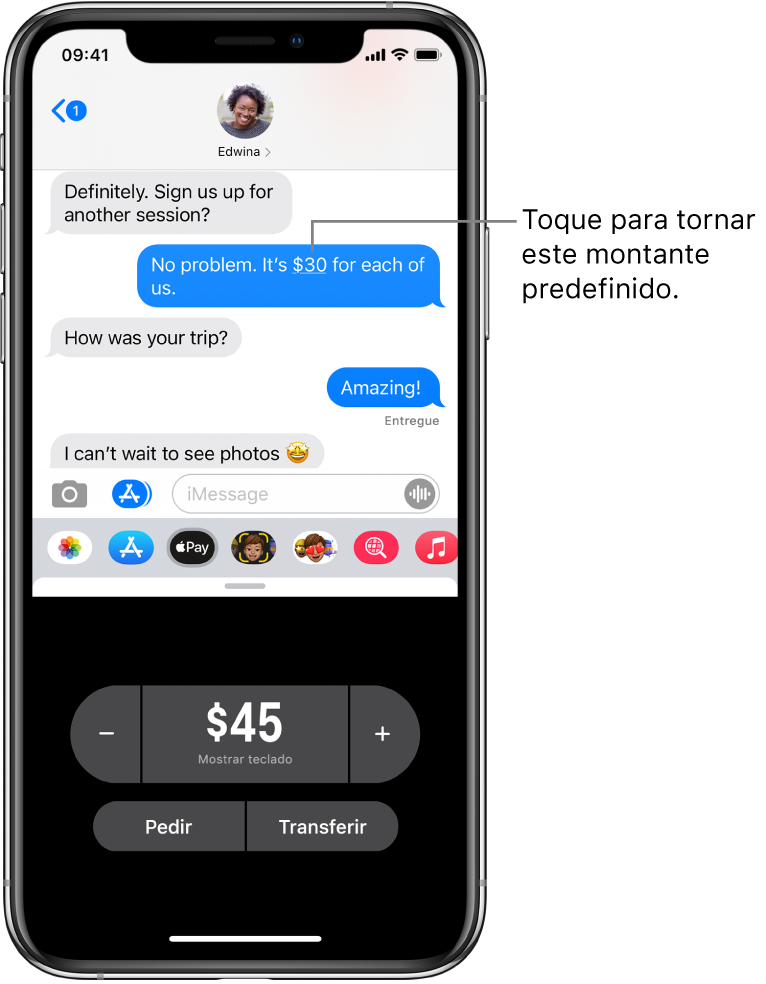 Uma conversa iMessage com a aplicação Apple Pay aberta na parte inferior.