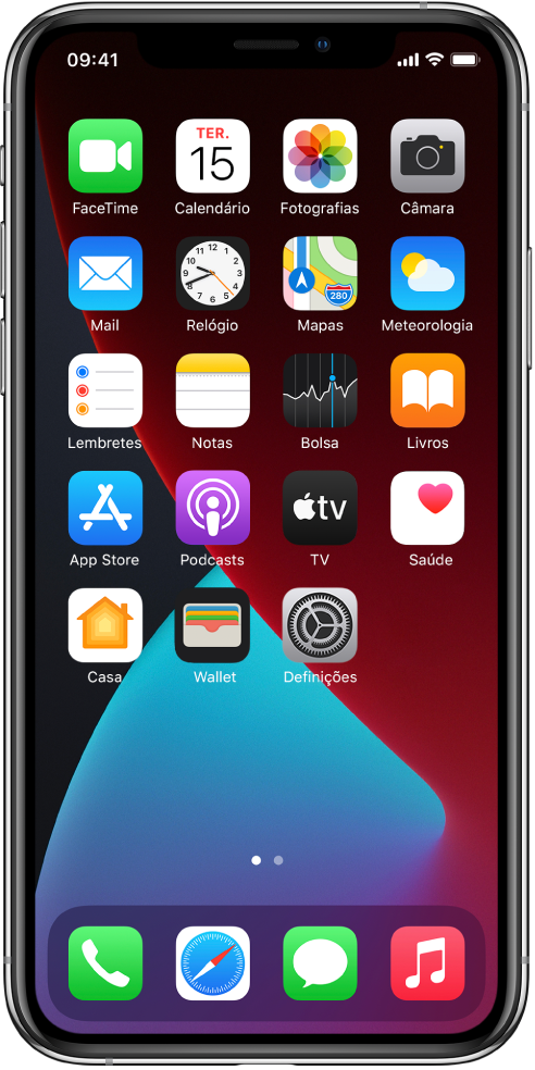 O ecrã principal do iPhone com o Modo escuro ativado.