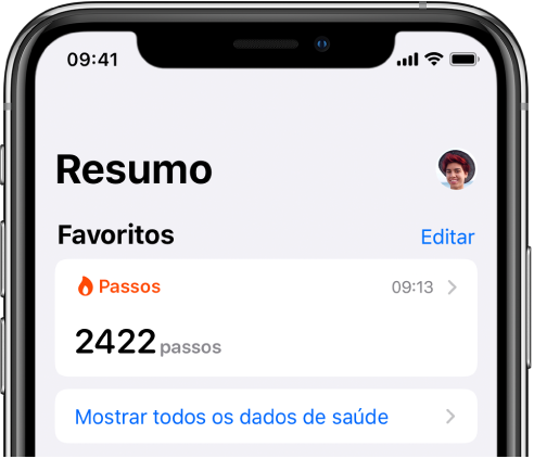 O ecrã Resumo, com uma fotografia de perfil e iniciais no canto superior direito.