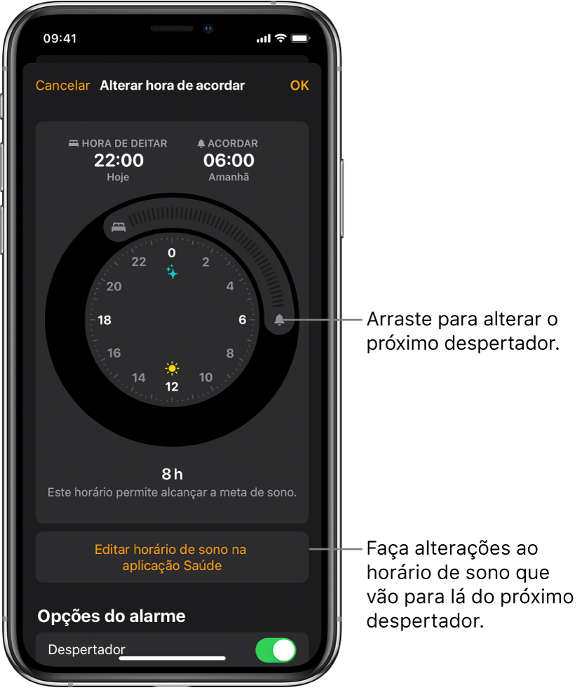 Ecrã para alterar o próximo despertador, com botões para arrastar para alterar a hora de deitar e a hora de acordar, um botão para alterar o horário de sono na aplicação Saúde e um botão para activar/desativar o despertador.