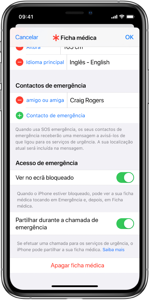 Ecrã da ficha médica. No fundo, estão as opções para mostrar a informação da sua ficha médica quando o iPhone está bloqueado e efetua uma chamada de emergência.
