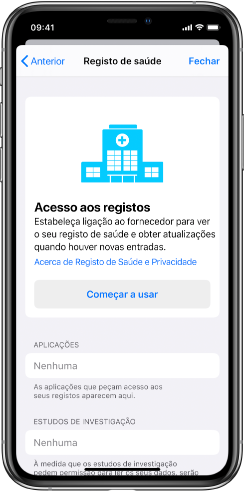 O ecrã Começar para configurar as descargas de registos de saúde.