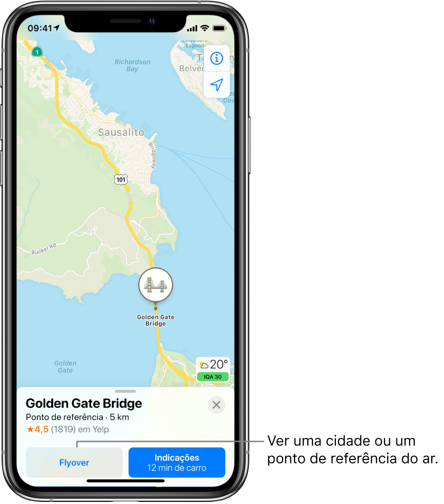 Um mapa de São Francisco. Na parte inferior do ecrã, uma ficha de informações da Ponte Golden Gate mostra um botão de Flyover à esquerda de um botão Indicações.