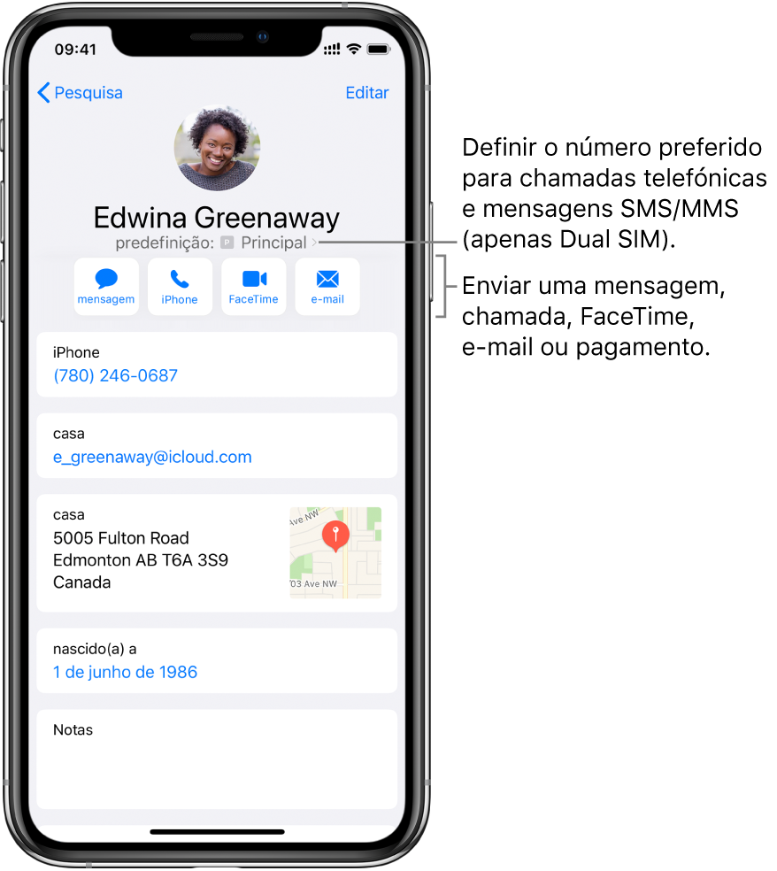 Ecrã de informação relativo a um contacto. Nome e fotografia do contacto no topo. Em baixo, botões para enviar uma mensagem, efetuar uma chamada telefónica, efetuar uma chamada FaceTime, enviar uma mensagem de e‑mail e enviar dinheiro com Apple Pay. Por baixo dos botões encontra‑se a informação do contacto.
