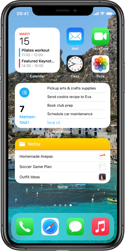 Ecranul principal, afișând aplicațiile și widgeturile de productivitate, inclusiv Calendar, Mementouri și Notițe.
