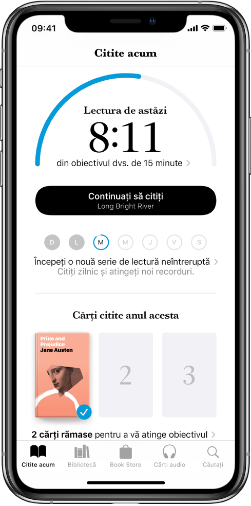 Secțiunea Obiective de lectură din fila Citite acum. Contorul de lectură arată că au fost finalizate 10 minute din obiectivul de 20 de minute. Sub contor se află butonul Continuați să citiți și cercuri care reprezintă zilele săptămânii, de duminică până sâmbătă. Conturul albastru din jurul cercului indică progresul din ziua respectivă. În partea de jos a paginii se află copertele de la Cărți citite anul acesta.