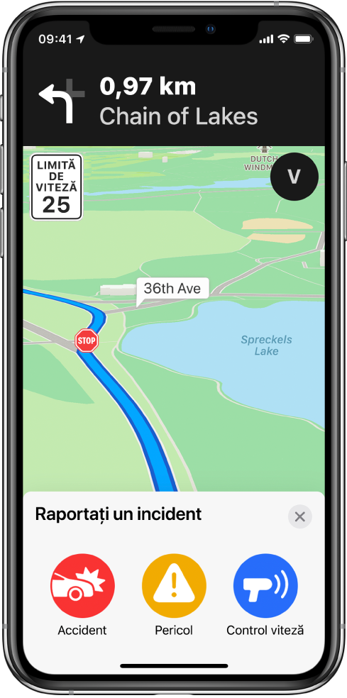O hartă cu o fișă cu eticheta Raportați un incident în partea de jos a ecranului. Fișa rutei include butoane pentru Accident, Pericol și Control viteză.