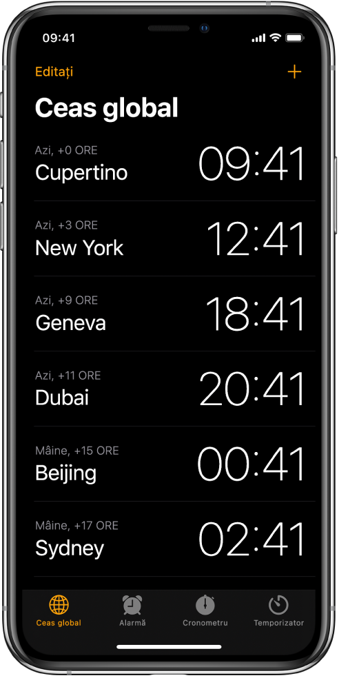 Fila Ceas global, afișând ora în diverse orașe. Apăsați Editați în colțul din stânga sus pentru a aranja ceasurile. Apăsați butonul Adăugați din dreapta sus pentru a adăuga mai multe. Butoanele Ceas global, Alarmă, Cronometru și Temporizator sunt dispuse în partea de jos.