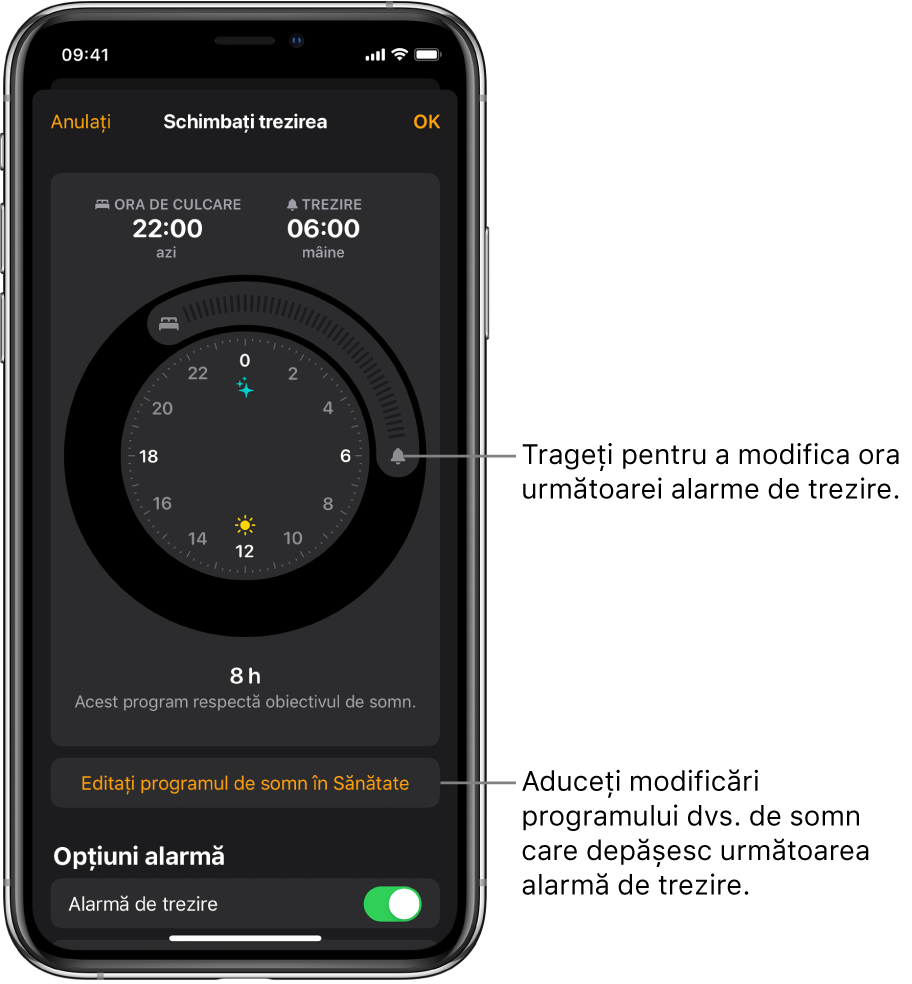 Un ecran pentru modificarea alarmei de trezire din ziua următoare, cu butoane pe care puteți să le trageți pentru a modifica ora de trezire și ora de culcare, un buton pentru modificarea programului de somn în aplicația Sănătate și un buton pentru activarea sau dezactivarea alarmei de trezire.