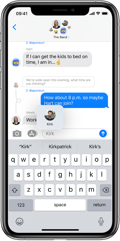Conversația prin mesaje. În câmpul de introducere a textului, este menționat numele Kirk pentru ca acesta să primească o notificare despre mesaj.