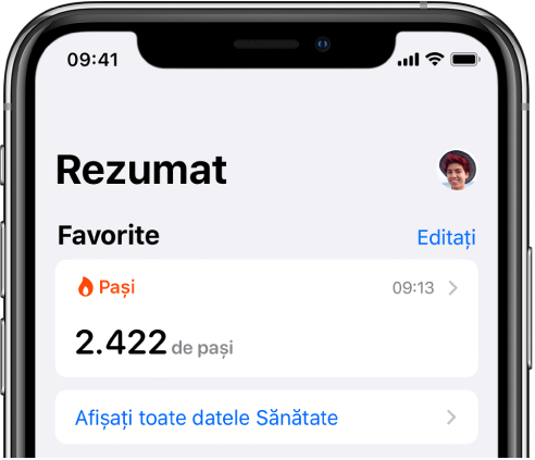 Ecranul Rezumat afișând o poză de profil în dreapta sus.