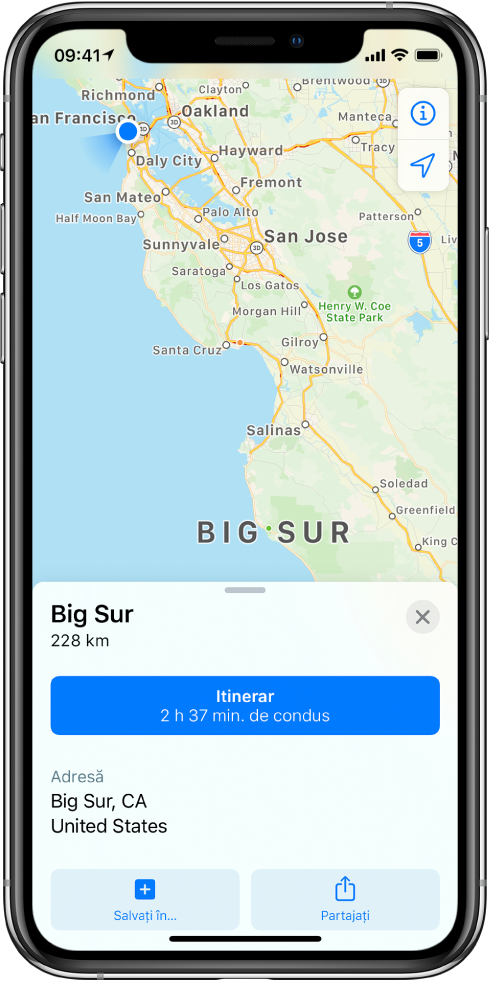 O hartă cu o fișă de informații pentru Big Sur. Butonul Itinerar apare pe fișa de informații.