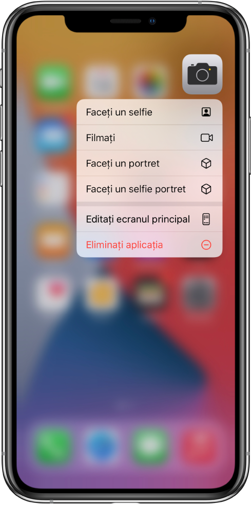 Ecranul principal estompat, cu meniul de acțiuni rapide pentru Cameră afișat sub aplicația Cameră.
