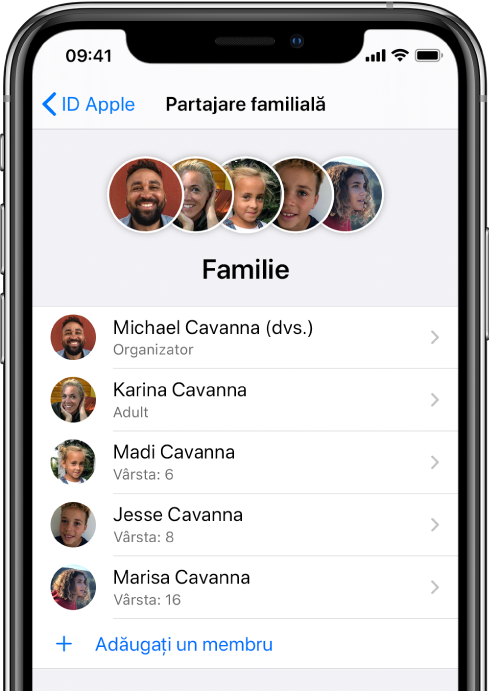 Ecranul Partajare familială în Configurări. Cinci membri ai familiei sunt listați și butonul Adăugați un membru este vizibil în partea de jos a ecranului.