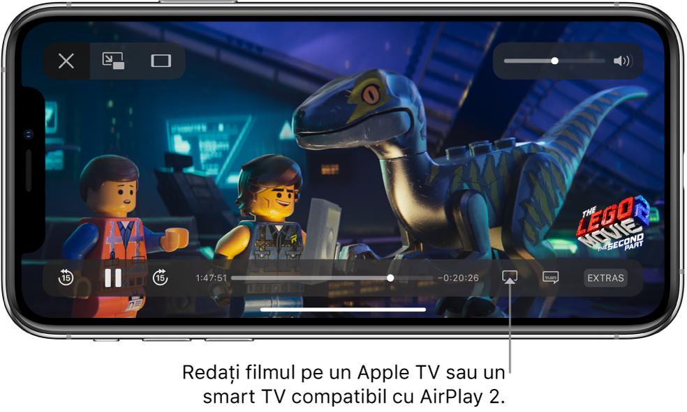 Un film redat pe ecranul iPhone-ului. În partea de jos a ecranului se află comenzi de redare, inclusiv butonul Oglindire ecran, în apropierea părții din dreapta jos.