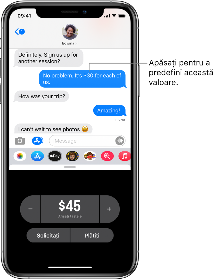 O conversație iMessage cu aplicația Apple Pay deschisă în partea de jos.