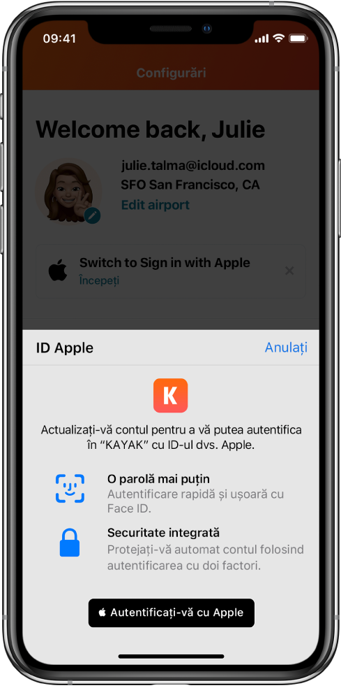 Aplicație afișând butonul Autentificare cu Apple.