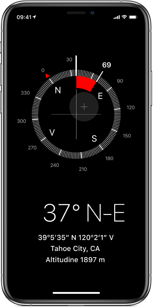 Ecranul Busolă indicând direcția în care este îndreptat iPhone-ul, localizarea și altitudinea dvs. curente.