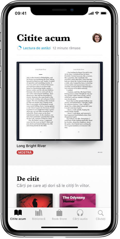 Ecranul Citite acum în aplicația Cărți. În partea de jos a ecranului, de la stânga la dreapta, se află filele Citite acum, Bibliotecă, Book Store, Cărți audio și Căutare.