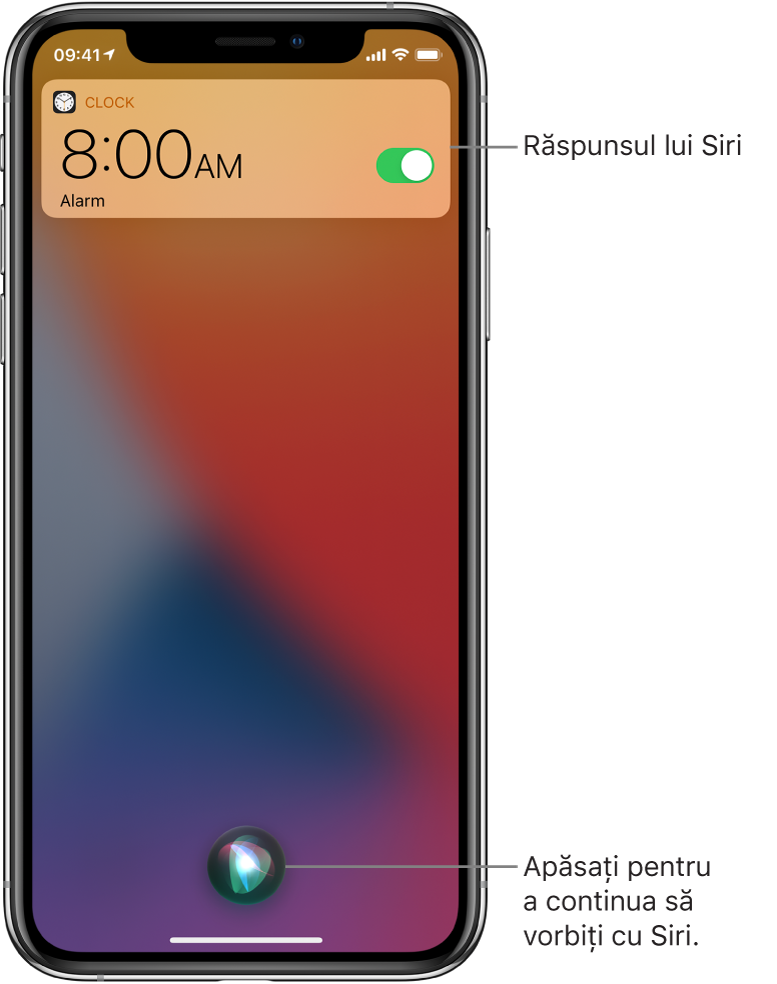 Siri pe ecranul de blocare. O notificare din aplicația Ceas prezintă o alarmă activată pentru ora 8:00 a.m. Butonul din partea centrală jos a ecranului este utilizat pentru a continua dialogul cu Siri.