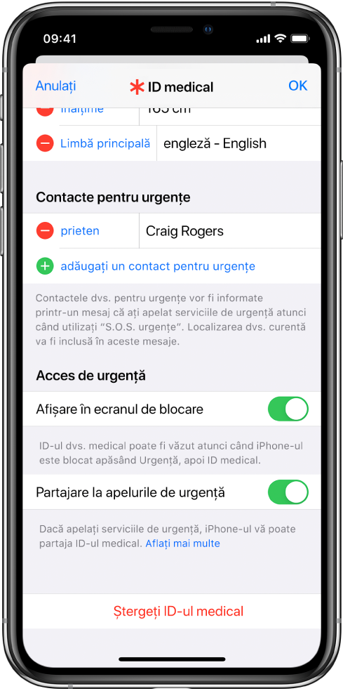 Ecranul ID medical. În partea de jos sunt opțiuni pentru afișarea informațiilor ID-ului medical atunci când este blocat ecranul iPhone-ului și când efectuați un apel de urgență.