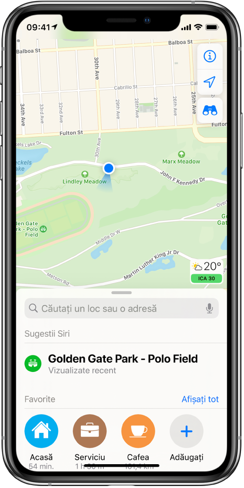 O hartă a unui parc și trei locuri favorite afișate în partea de jos a ecranului. Favoritele sunt Acasă, Serviciu și Cafea.