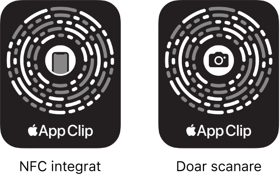 În stânga, un cod App Clip integrat în NFC cu pictograma unui iPhone în centru. În dreapta, un cod App Clip doar pentru scanare cu pictograma unei camere în centru.