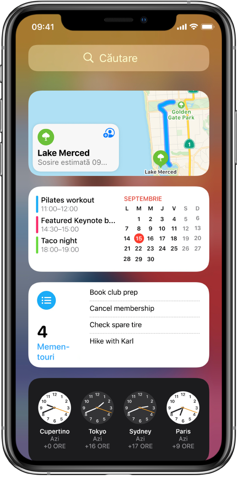 Widgetul Hărți și alte trei widgeturi pe ecranul unui iPhone.