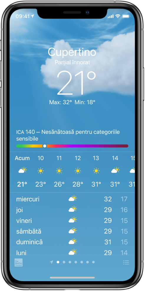 Ecranul Vremea afișând locul, temperatura curentă, minima și maxima zilei și un grafic al indicelui de calitate a aerului, care menționează Nesănătoasă pentru categoriile sensibile. În mijlocul ecranului se află prognoza orară curentă, urmată de prognoza pe următoarele 7 zile. Un rând de puncte aflat în partea centrală jos arată câte locuri aveți adăugate în listă. În colțul din dreapta jos se află butonul Editați orașele.