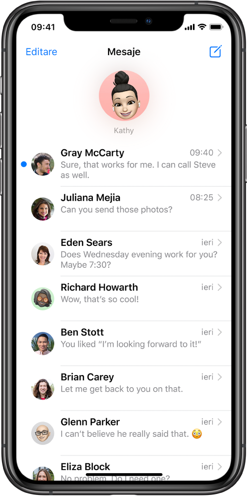 Lista de conversații Mesaje în aplicația Mesaje. În partea de sus a ecranului, imaginea unui contact este afișată într-un cerc, indicând că este fixat. Dedesubt se află lista de conversații.