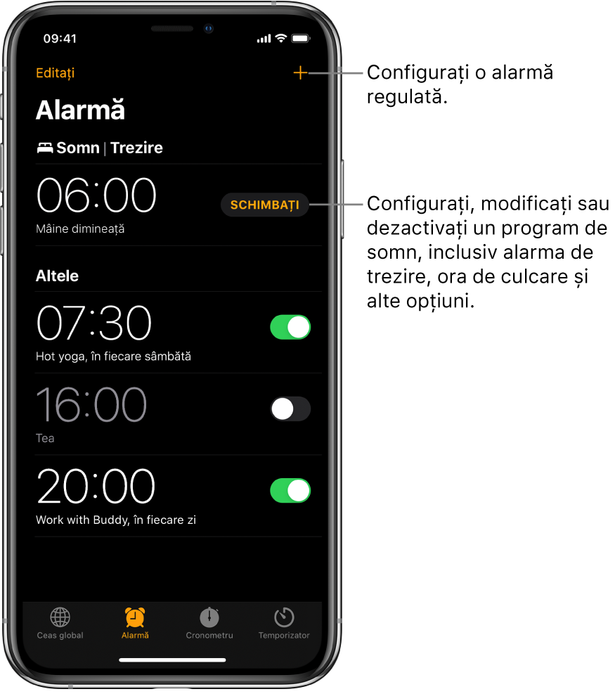 Fila Alarmă, afișând patru alarme configurate pentru diferite ore, butonul de configurare a unei alarme regulate în dreapta sus și alarma de trezire cu un buton pentru schimbarea programului de somn din aplicația Sănătate.
