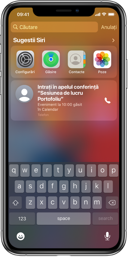 Ecranul de blocare al iPhone-ului. Aplicațiile Configurări, Găsire, Contacte și Poze apar sub Sugestii Siri. Sub sugestiile de aplicații se află o sugestie de participare la sesiunea de lucru Portofoliu, un eveniment găsit în calendar.