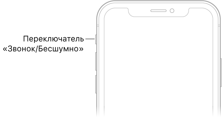 Верхняя часть передней панели iPhone с выноской, указывающей на переключатель «Звонок/Бесшумно».