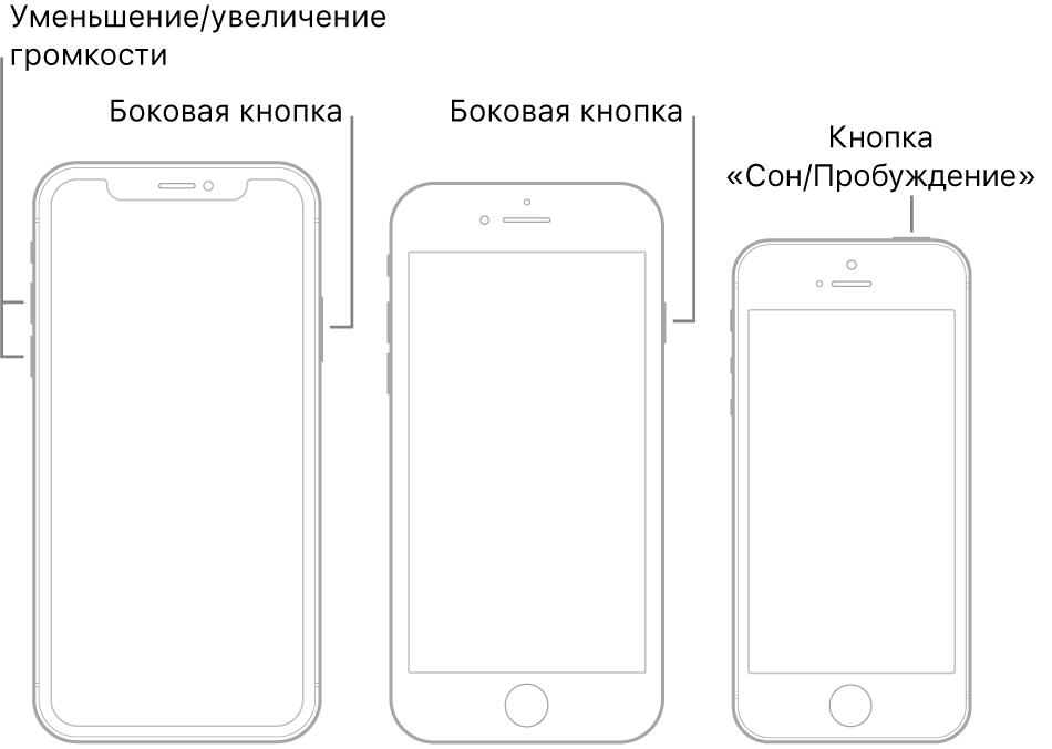 Иллюстрации трех разных моделей iPhone, расположенных экраном вперед. На иллюстрации слева показаны кнопки увеличения и уменьшения громкости на левой панели устройства. На правой панели устройства показана боковая кнопка. На иллюстрации в центре показана боковая кнопка на правой панели устройства. На иллюстрации справа показана кнопка «Сон/Пробуждение» на верхней панели устройства.