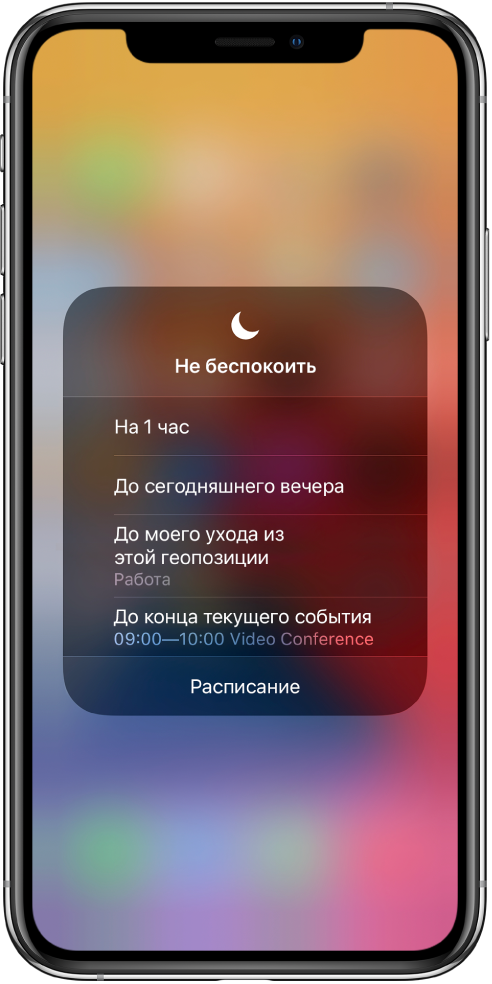 Экран выбора продолжительности режима «Не беспокоить». На экране показаны варианты «На 1 час», «До сегодняшнего вечера», «До моего ухода из этой геопозиции» и «До конца текущего события».
