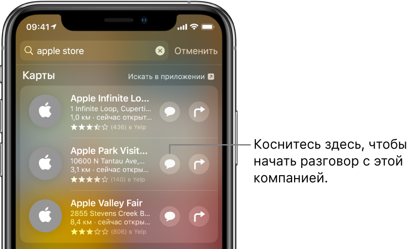 Экран поиска, на котором показаны найденные объекты для приложения «Карты». Возле каждого результата поиска показано краткое описание, оценка или адрес, а возле каждого веб-сайта — URL-адрес. Возле второго результата показана кнопка, касанием которой можно начать деловой чат с Apple Store.