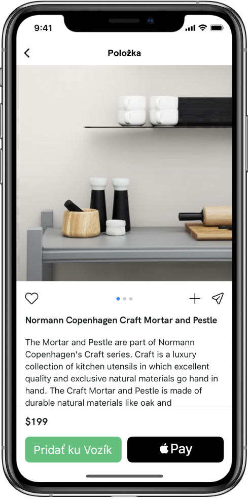 Apka, v ktorej sa zobrazuje obrazovka platby s tlačidlom Kúpiť cez Apple Pay.