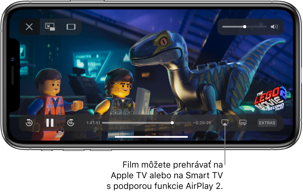 Na obrazovke iPhonu sa prehráva film. V dolnej časti obrazovky sa zobrazujú ovládacie prvky prehrávania vrátane tlačidla Zrkadlenie obrazovky vpravo dole.