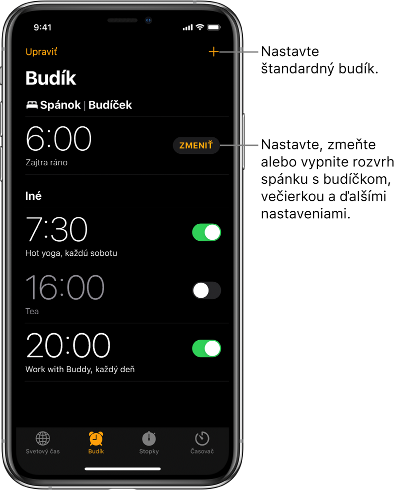 Tab Budík s piatimi budíkmi nastavenými na rôzne časy, tlačidlom na nastavenie štandardného budíka vpravo hore a budíčkom s tlačidlom na zmenu rozvrhu spánku v apke Zdravie.