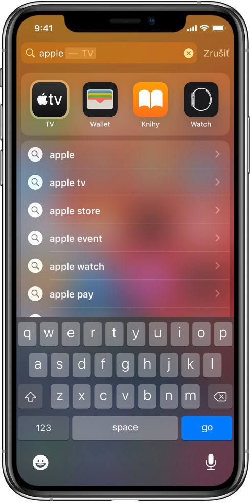 Obrazovka s vyhľadávaním na iPhone. V hornej časti je vyhľadávacie pole s textom „apple“ na vyhľadanie a pod nimi sú výsledky vyhľadávania cieľového textu.