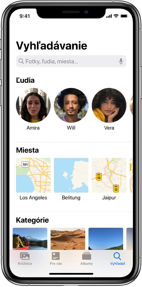 Tab Vyhľadať s návrhmi hľadania momentov, ľudí a miest. Vyhľadávacie pole sa nachádza hore.